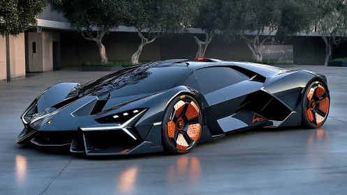 Futuristic black supercar showcases sharp angular bodywork.
