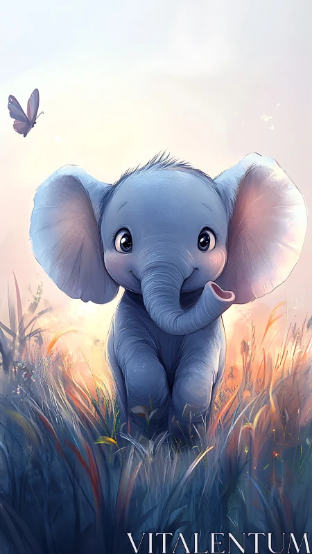Curious baby elephant greets a sunrise meadow with wonder
