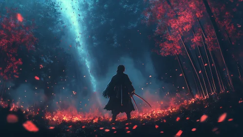 Solitary swordsman confronts burning forest under volumetric light