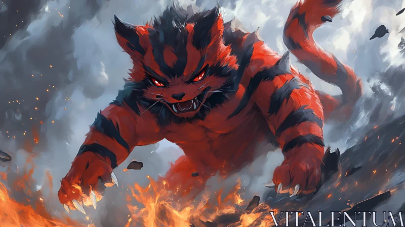 Fiery red tiger beast lunging through smoke and erupting flames
