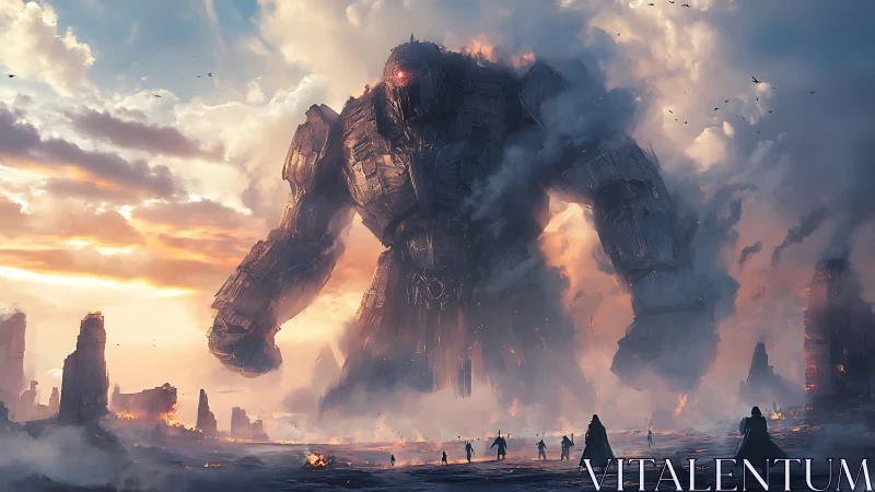 Colossal mechanical figure advances through ruined cityscape