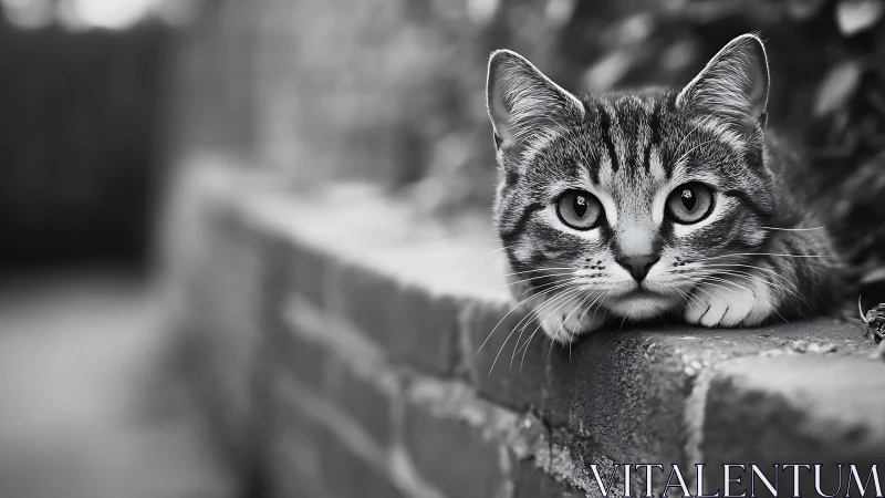 Tabby cat rests on stone surface, exhibits focused forward gaze