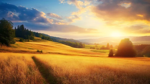 Golden meadow sunset with layered pastoral horizon rendering.