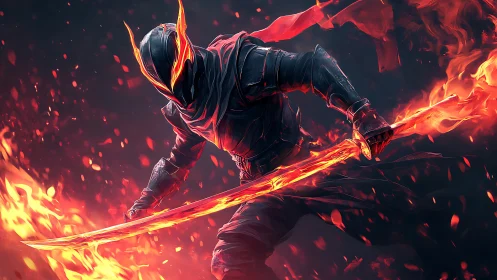 Flame-wreathed armored warrior brandishing incandescent katana