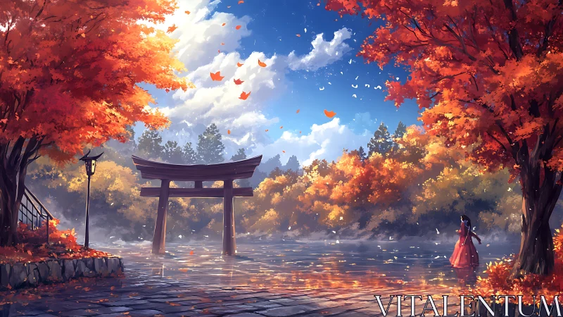 Torii gate by lakeside under dense autumn foliage.