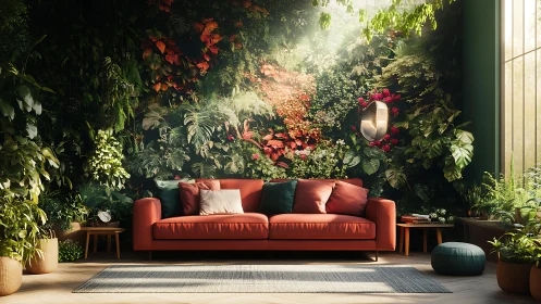 Sunlit jungle lounge where cozy sofa meets lush greenery.
