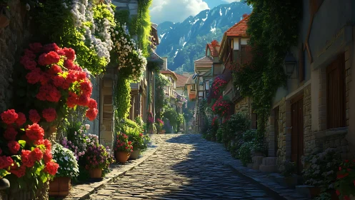 Cobblestone mountain alleyway framed by dense flowering facades
