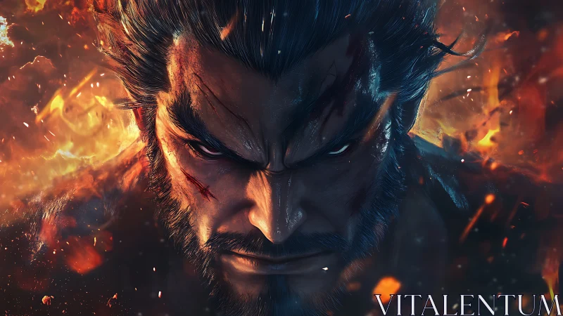 Fierce warrior&rsquo;s burning resolve framed in storm of embers.