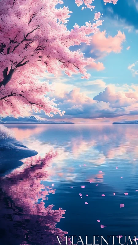Blossoming cherry tree over tranquil reflective lake at dusk.