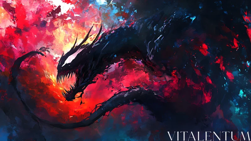 Shadow serpent lunges through inferno of red and blue light.