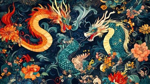 Dual oriental dragons amid baroque floral turbulence and waves