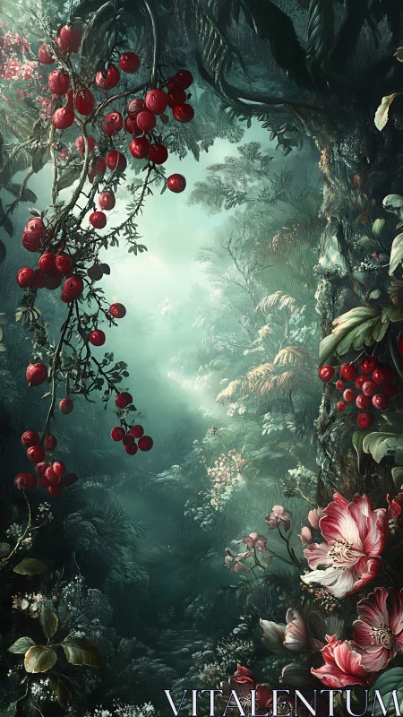 Luminous misted ravine with hyper-detailed crimson flora.