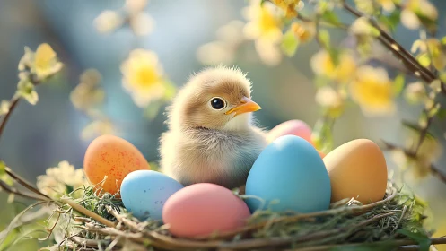Fluffy spring hatchling guarding a rainbow of Easter eggs.