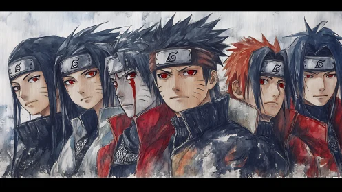 Anime line-up portrait with textured painterly character rendering.