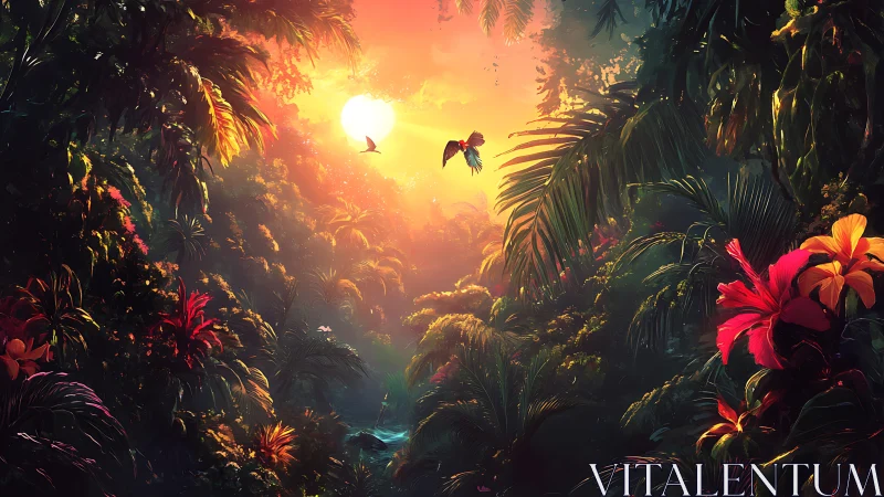 Parrots glide through ember-lit jungle of lush secrets.