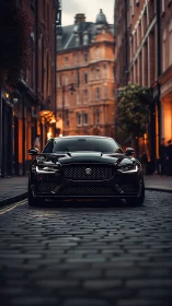 Midnight-black sports sedan prowls a cobbled city canyon