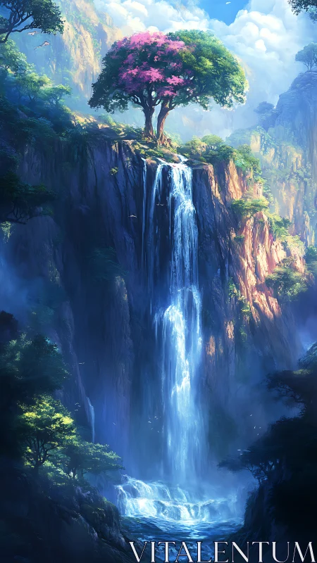Solitary tree above vertical cliffside waterfall cascade.