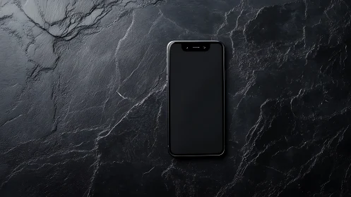 Black smartphone centered on dark textured stone surface.