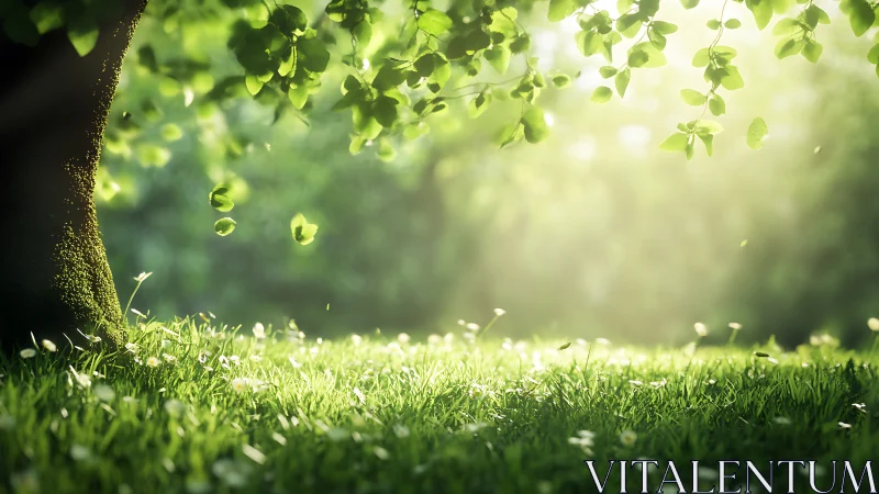 Sunlit Tree and Lush Green Meadow in Soft Focus Nature Scene.