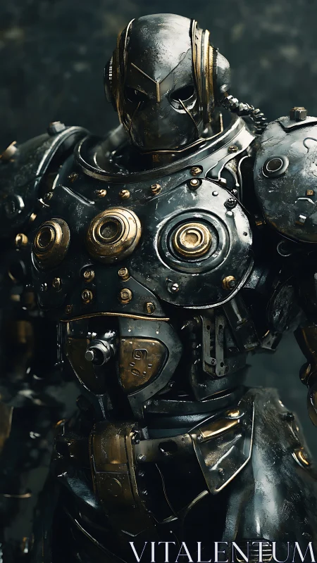 Steampunk war mech in worn brass and steel armor detail.