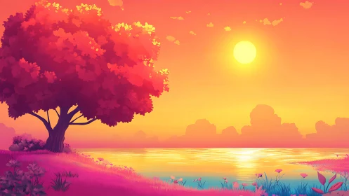 Radiant lakeside tree glows warmly under a dreamy sunset sky