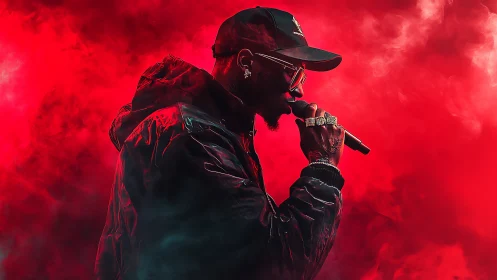Rapper holds microphone on stage amid dense red smoke