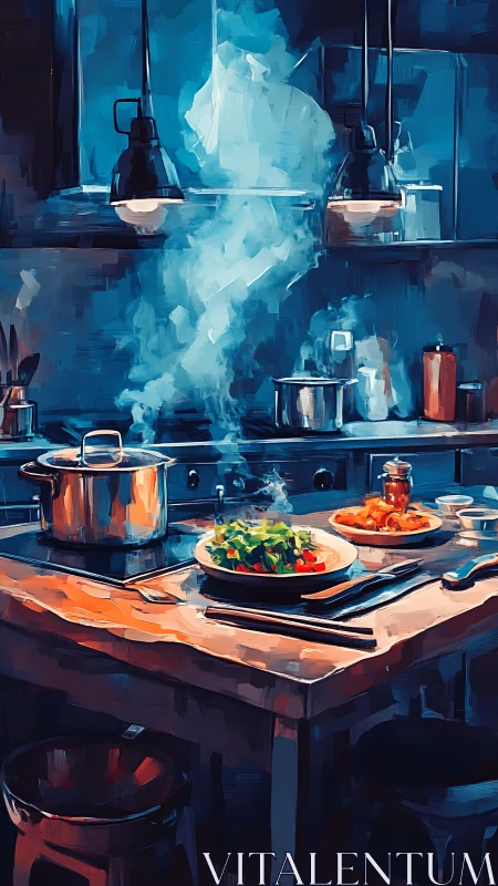 Steaming pots and plated meal in moody blue kitchen scene.