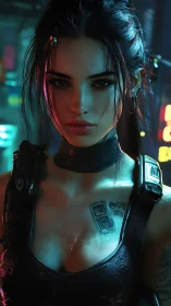 Cyberpunk heroine stares defiantly through neon city haze
