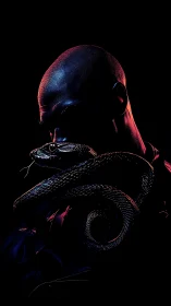 Man and serpent merge in moody neon-shadowed portrait