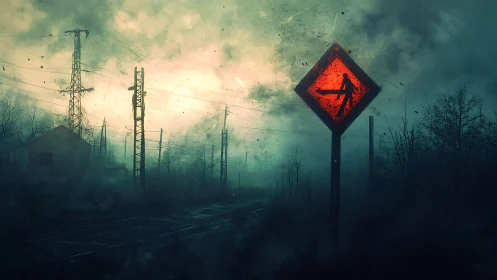 Illuminated warning sign stands beside foggy rail tracks