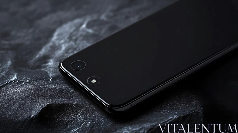 Sleek black smartphone resting on textured stone surface.