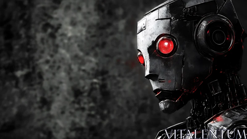 Corroded combat android with red optical sensors observes in profile