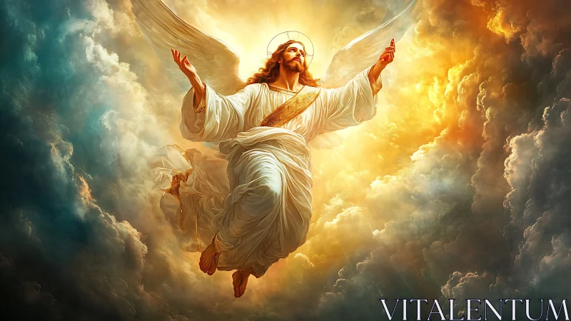 Radiant angel rising through golden clouds of gentle light.