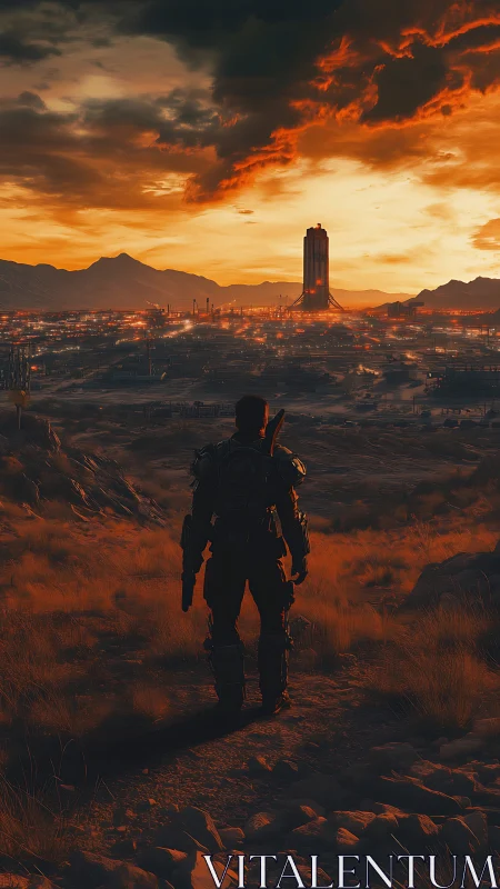 Lone wanderer meets a burning sunset over distant citadel.