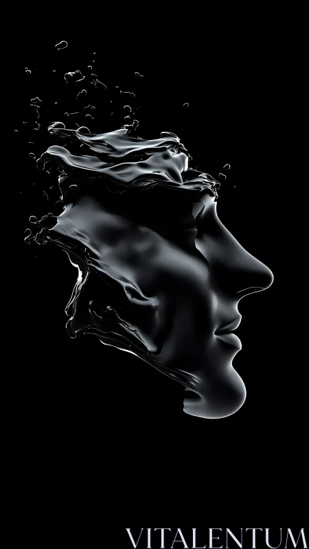 Liquid metal human profile dissolving into suspended splash particles