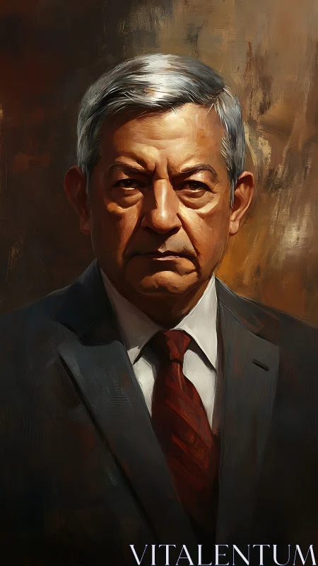 Stoic silver-haired statesman under embered brushlight.