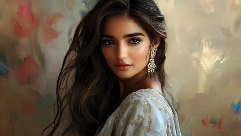 Soft-eyed muse in golden earrings against painterly dusk.