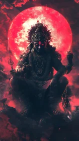 Dark divine warrior figure before huge red full moon.