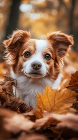 Brown and white dog portrait in fallen autumn leaves.
