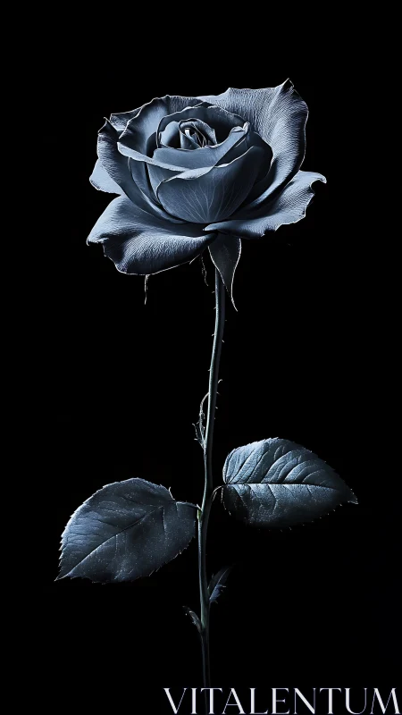 Steel-petal rose glows like moonlit metal in velvet dark