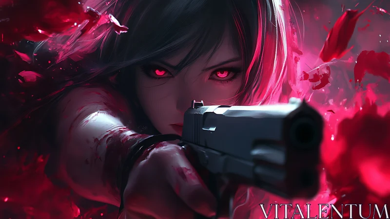 Vengeful anime assassin aims forward amid crimson storm