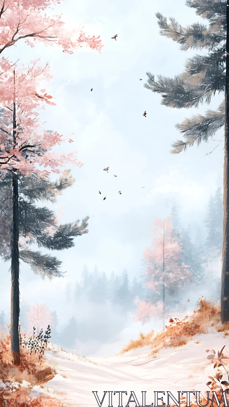 Soft winter sunrise tiptoes through a pastel forest path