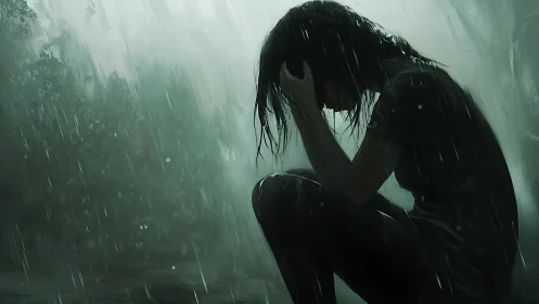 Silhouetted figure seated in heavy rainfall outdoors.
