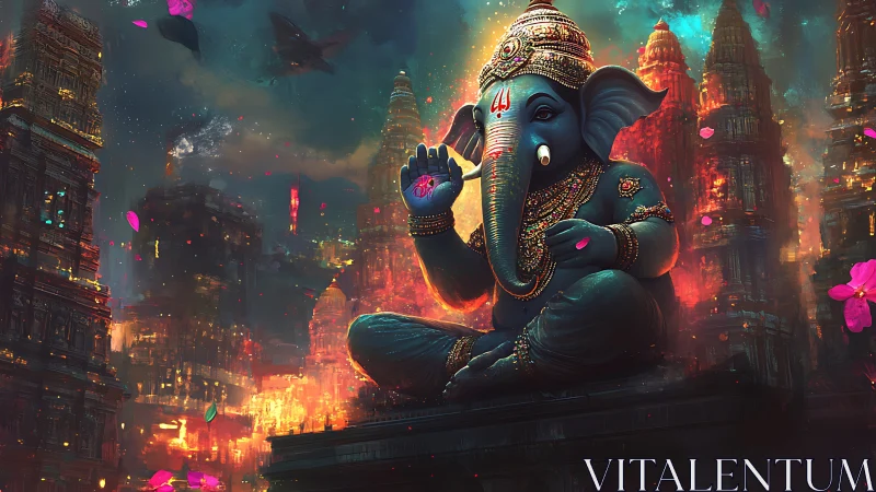 Ganesh statue amid glowing city temples at nightfall.