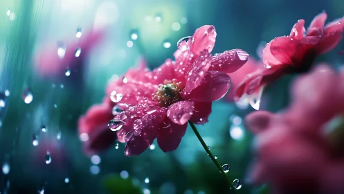 Pink flowers with water droplets on petals during rainfall.