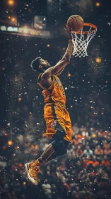 Dynamic basketball dunk in cinematic digital painting style.
