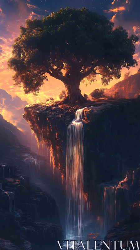 Sunlit skyroot tree above a shimmering cliff cascade.