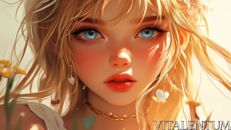 Blonde girl portrait shows stylized blue eyes and flowers
