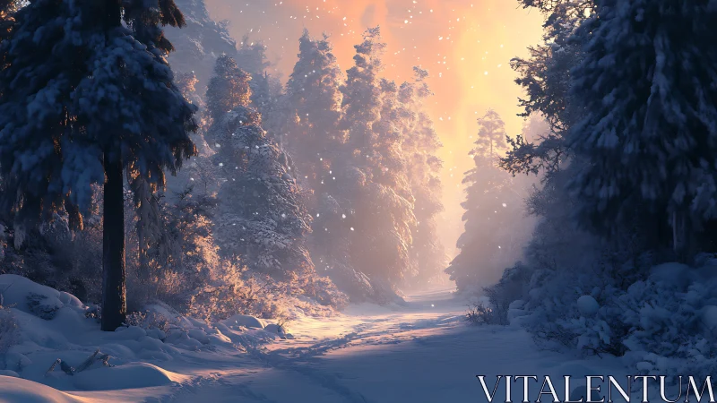 Snowy Forest Path at Dawn. Golden Light Through Winter Trees.