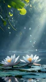 Volumetric forest light over lotus pond with microfauna ballet.